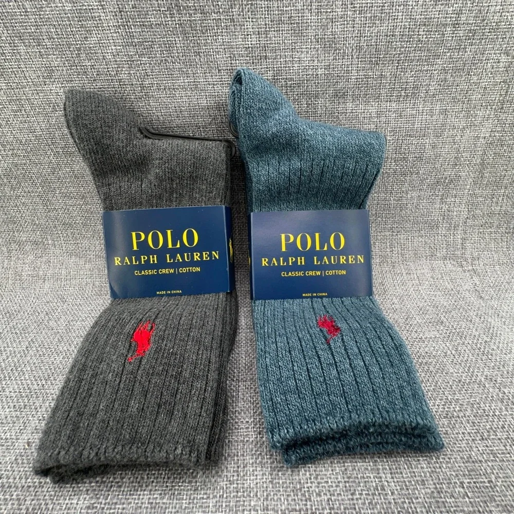 2 Pair of Polo Ralph Lauren Crew Socks Mens Sz 10-13 Grey Blue Ribbed Cotton NEW